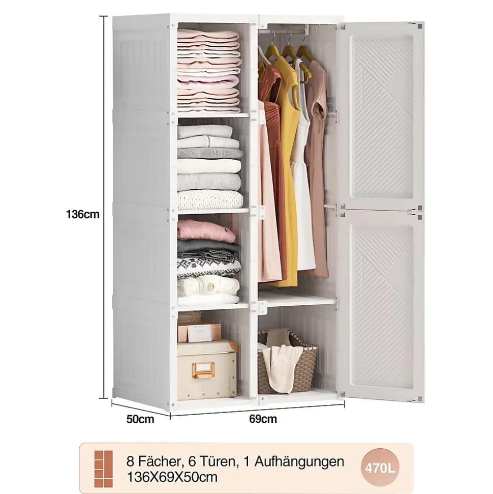Armoire 2 portes et 3 étagères - Armoires penderies portables,69x50x136cm - blanc