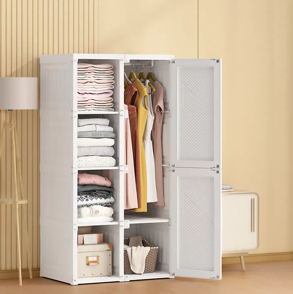 Armoire 2 portes et 3 étagères - Armoires penderies portables,69x50x136cm - blanc