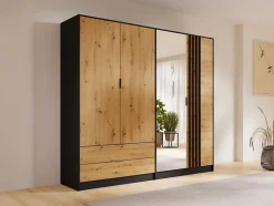 Armoire 4 portes et 2 tiroirs - Avec miroir - L220 cm - Coloris : Noir et naturel - TUNALO