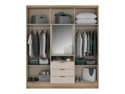 Armoire 6 portes et 3 tiroirs - Avec miroir - L180 cm - Coloris : Naturel et beige - ELORIO