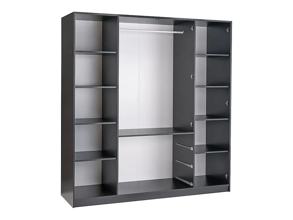 Armoire 4 portes et 3 tiroirs - Avec miroirs - L196 - Noir et doré - MONLIO