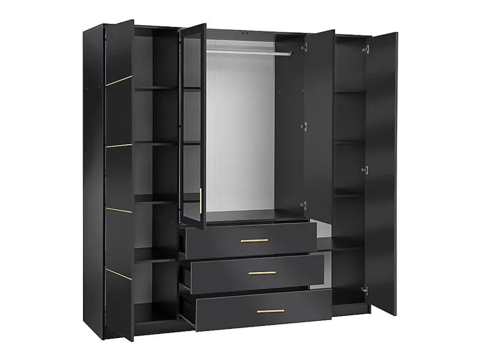 Armoire 4 portes et 3 tiroirs - Avec miroirs - L196 - Noir et doré - MONLIO