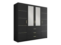 Armoire 4 portes et 3 tiroirs - Avec miroirs - L196 - Noir et doré - MONLIO