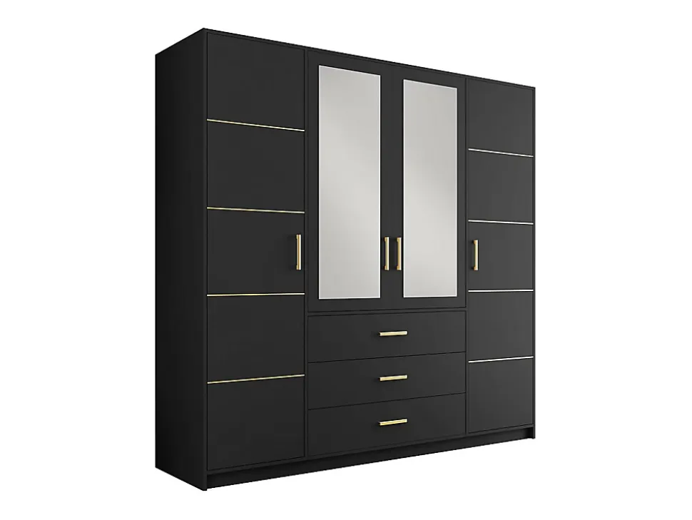 Armoire 4 portes et 3 tiroirs - Avec miroirs - L196 - Noir et doré - MONLIO