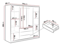 Armoire 4 portes et 3 tiroirs - Avec miroirs - L196 cm - Beige et doré - LIZANDRO