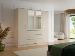 Armoire 4 portes et 3 tiroirs - Avec miroirs - L196 cm - Beige et doré - LIZANDRO