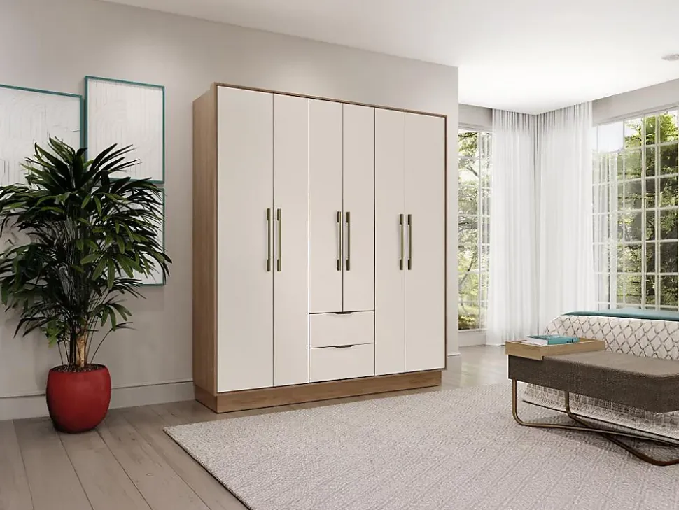 Armoire 6 portes et 2 tiroirs - L162 cm - Coloris : Beige et naturel - FEOVA