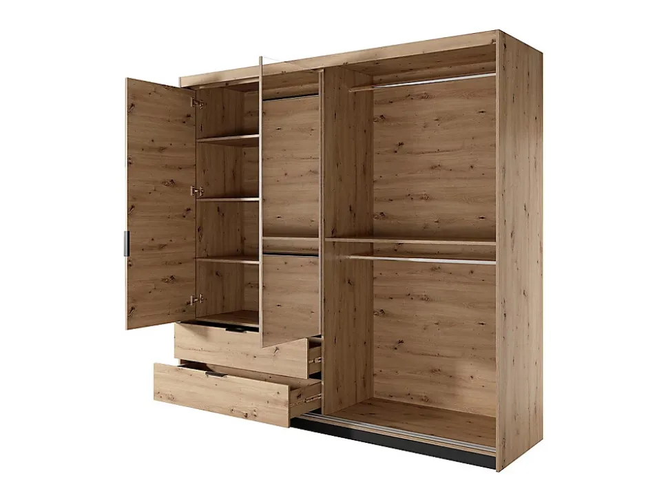 Armoire 3 portes et 2 tiroirs - Miroir et LEDs - L220 cm - Coloris : Naturel et noir - ARIADA