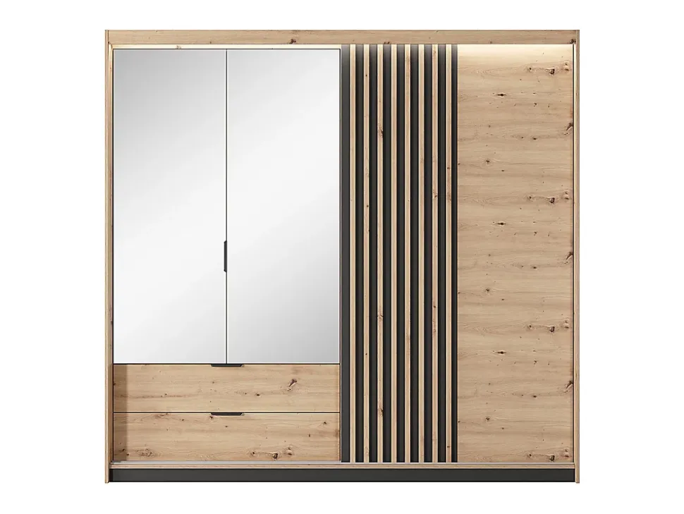 Armoire 3 portes et 2 tiroirs - Miroir et LEDs - L220 cm - Coloris : Naturel et noir - ARIADA