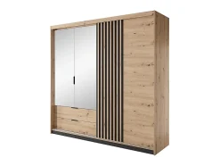 Armoire 3 portes et 2 tiroirs - Miroir et LEDs - L220 cm - Coloris : Naturel et noir - ARIADA