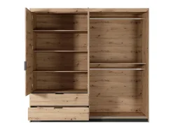 Armoire 3 portes et 2 tiroirs - Miroir et LEDs - L220 cm - Coloris : Naturel et noir - ARIADA