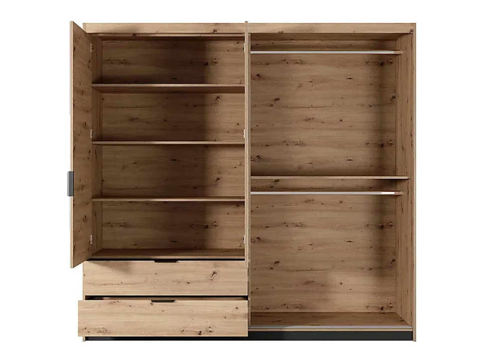 Armoire 3 portes et 2 tiroirs - Miroir et LEDs - L220 cm - Coloris : Naturel et noir - ARIADA