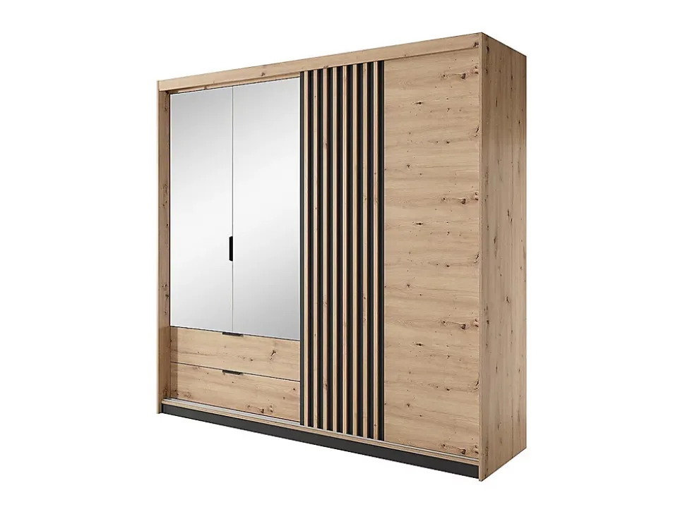 Armoire 3 portes et 2 tiroirs - Miroir et LEDs - L220 cm - Coloris : Naturel et noir - ARIADA