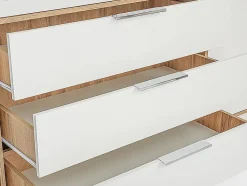 Armoire 4 portes et 3 tiroirs - Avec miroirs - L196 cm - Coloris : Naturel et blanc - LAMIKI