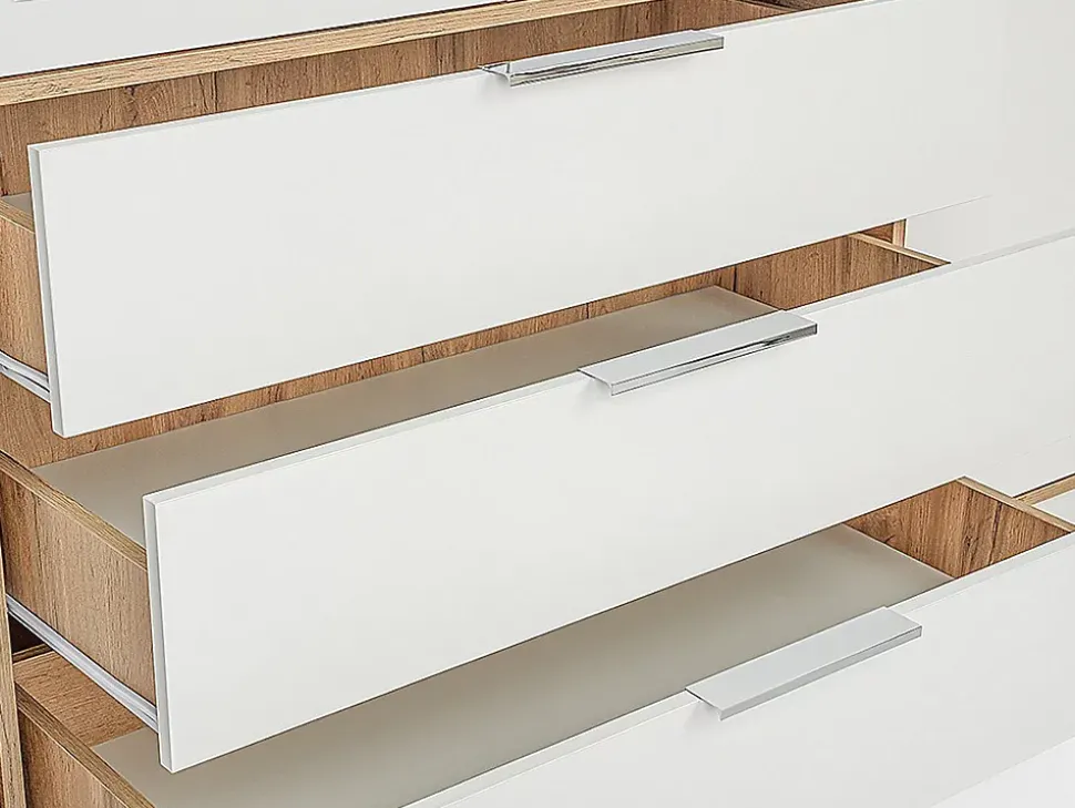 Armoire 4 portes et 3 tiroirs - Avec miroirs - L196 cm - Coloris : Naturel et blanc - LAMIKI