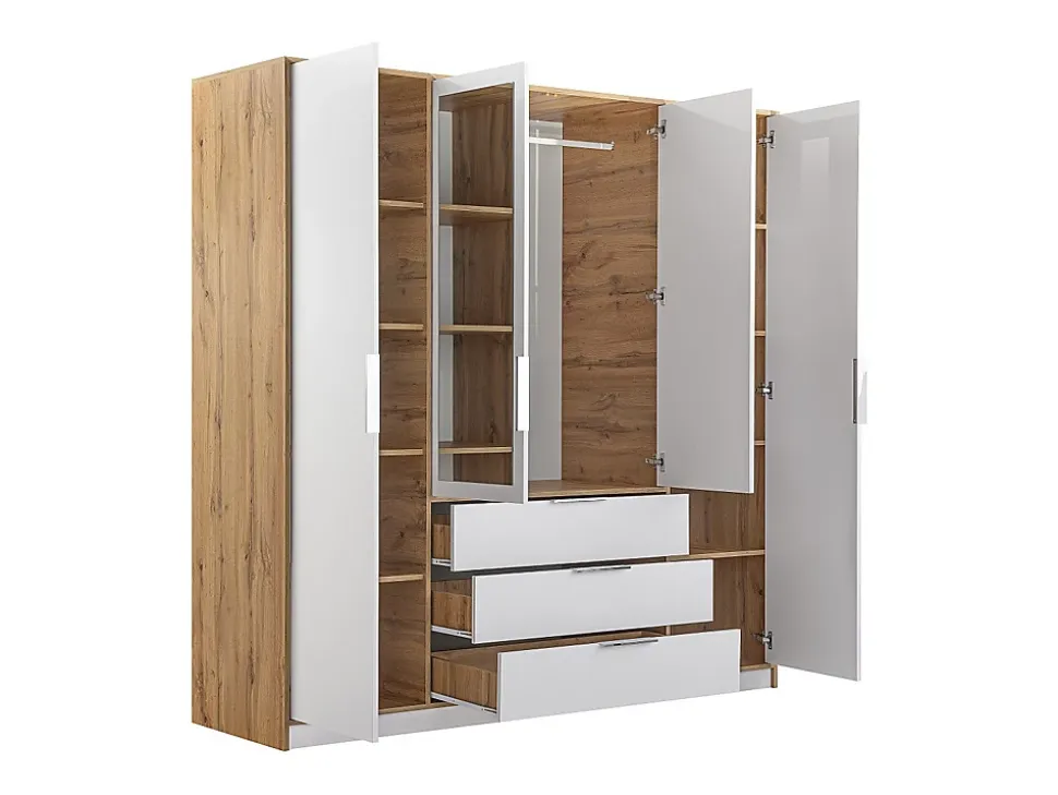 Armoire 4 portes et 3 tiroirs - Avec miroirs - L196 cm - Coloris : Naturel et blanc - LAMIKI