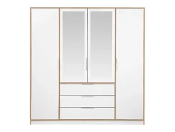 Armoire 4 portes et 3 tiroirs - Avec miroirs - L196 cm - Coloris : Naturel et blanc - LAMIKI