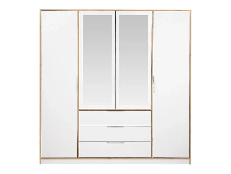 Armoire 4 portes et 3 tiroirs - Avec miroirs - L196 cm - Coloris : Naturel et blanc - LAMIKI