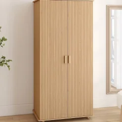 Armoire 2 portes JULIETTE effet lattes tasseau bois coloris chêne penderie 80 cm avec étagères rangement maxi capacité