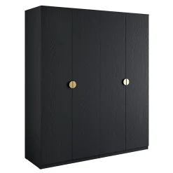 Armoire 4 portes noir structuré et doré 2 penderies et 4 étagères Collection MONDO