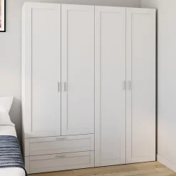 Armoire 4 portes VITO blanc penderie 160 cm avec 2 tiroirs et étagères