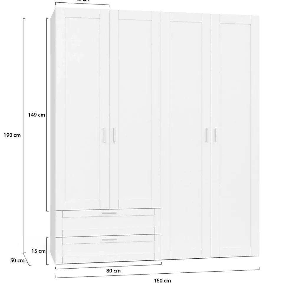 Armoire 4 portes VITO blanc penderie 160 cm avec 2 tiroirs et étagères
