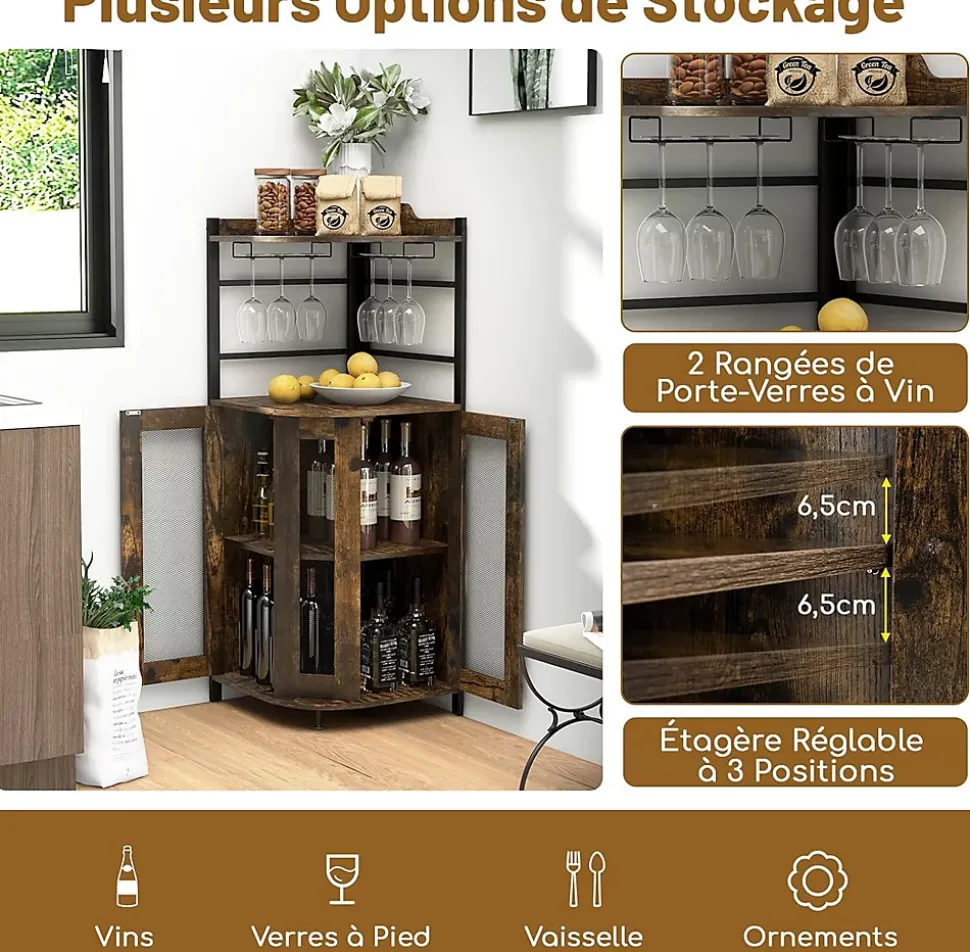 Armoire à Vin angle Style Industrielle avec étagère Réglable et Porte en Maille Meuble de Rangement Marron
