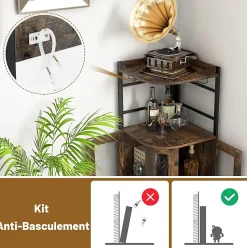 Armoire à Vin angle Style Industrielle avec étagère Réglable et Porte en Maille Meuble de Rangement Marron