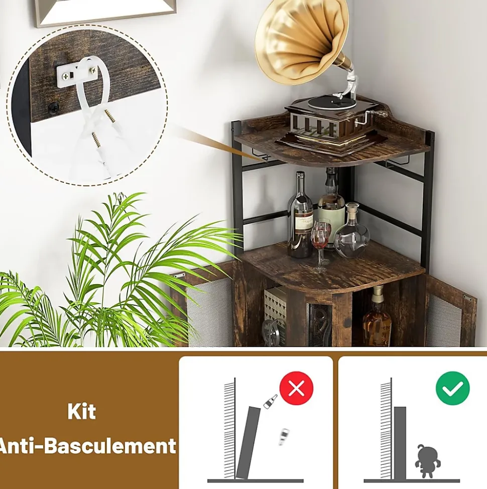 Armoire à Vin angle Style Industrielle avec étagère Réglable et Porte en Maille Meuble de Rangement Marron