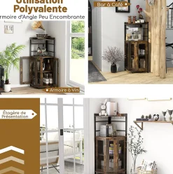 Armoire à Vin angle Style Industrielle avec étagère Réglable et Porte en Maille Meuble de Rangement Marron
