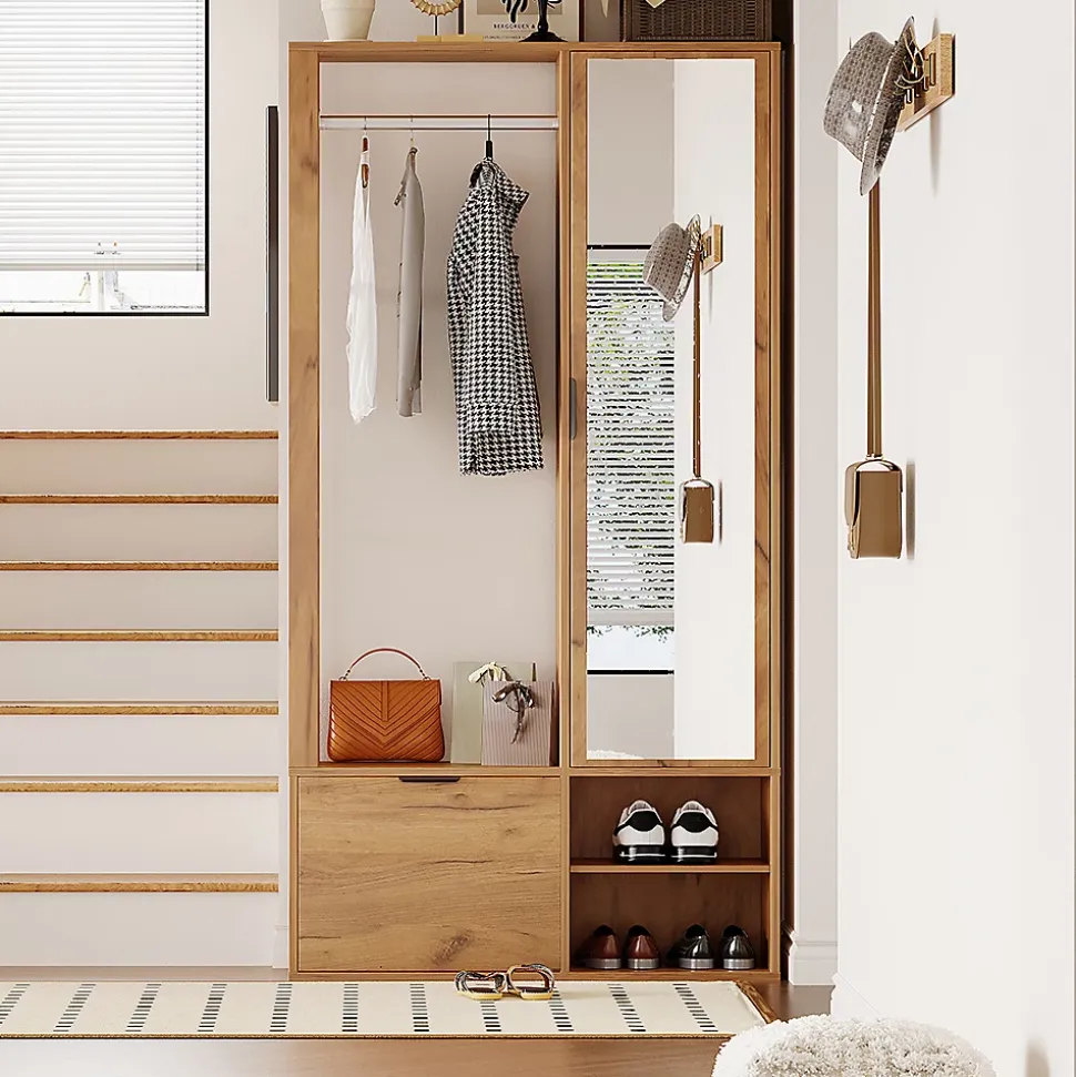 Armoire à vêtements d'entrée 6 en 1 avec vestibule,100x33x190cm,couleur bois, pour manteaux, étendoir à linge