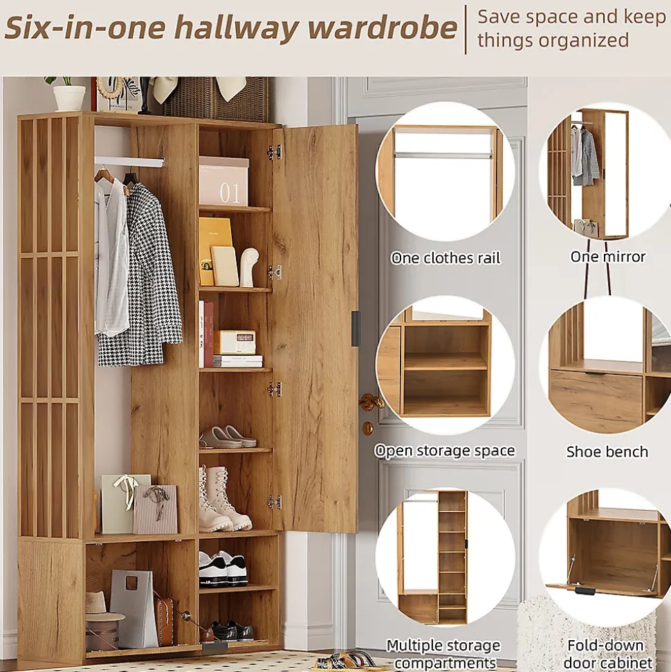 Armoire à vêtements d'entrée 6 en 1 avec vestibule,100x33x190cm,couleur bois, pour manteaux, étendoir à linge