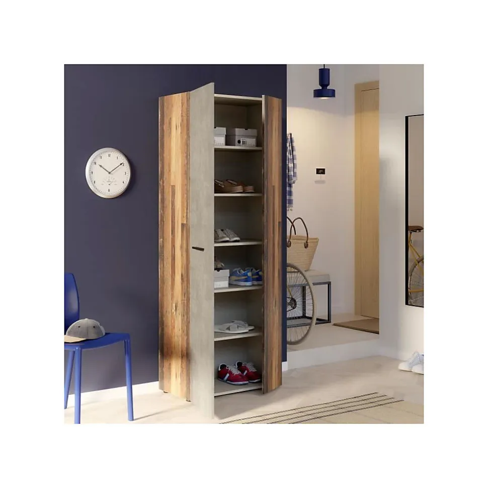 Armoire a chaussures - Béton gris foncé / Bois vintage - 18 paires - 68,7 x 36,5 x 181,1 cm - FORTE