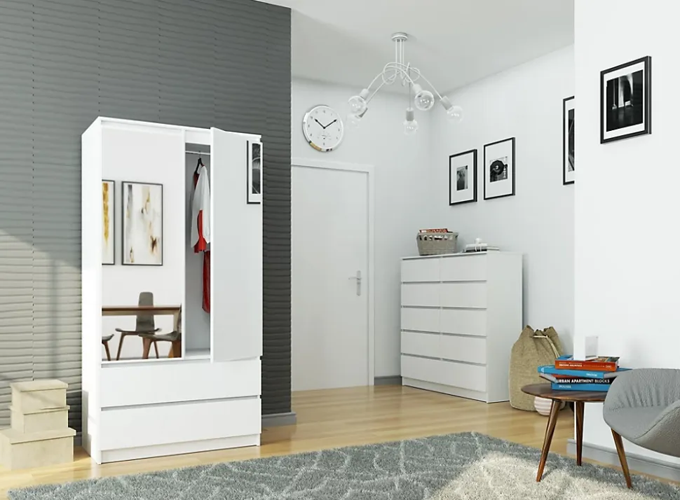 Armoire AKORD S90 avec miroir Blanche 90 cm 2 portes 2 tiroirs façade Blanche 4 étagères 90x51x180 cm