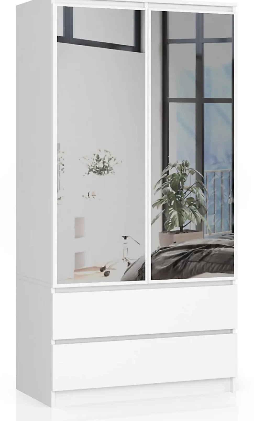 Armoire AKORD S90 avec miroir Blanche 90 cm 2 portes 2 tiroirs façade Blanche 4 étagères 90x51x180 cm