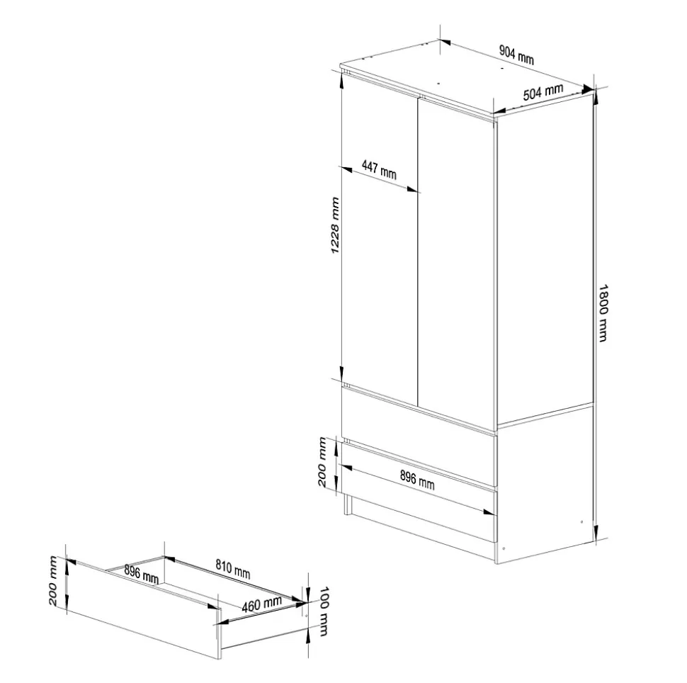 Armoire AKORD S90 avec miroir Blanche 90 cm 2 portes 2 tiroirs façade Blanche 4 étagères 90x51x180 cm