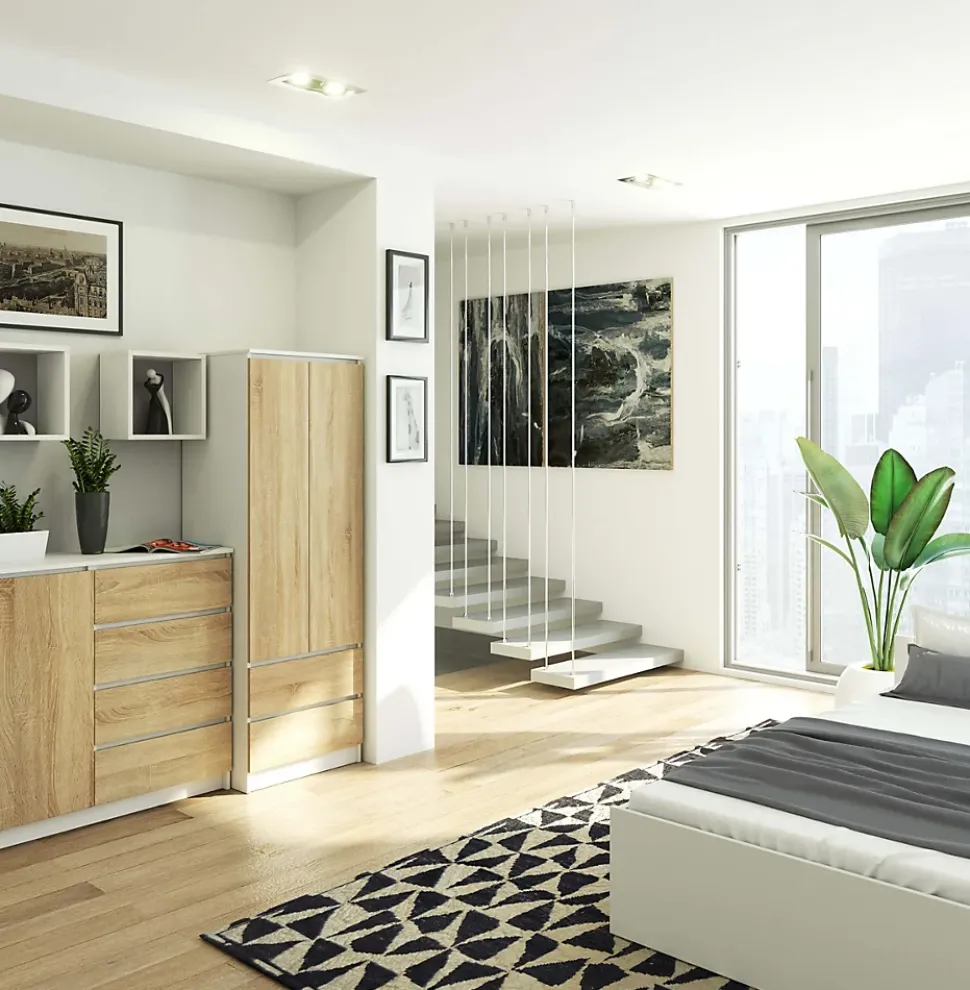 Armoire AKORD S60 Blanche 60 cm 2 portes 2 tiroirs façade Chêne Sonoma 1 étagère 60x51x180 cm