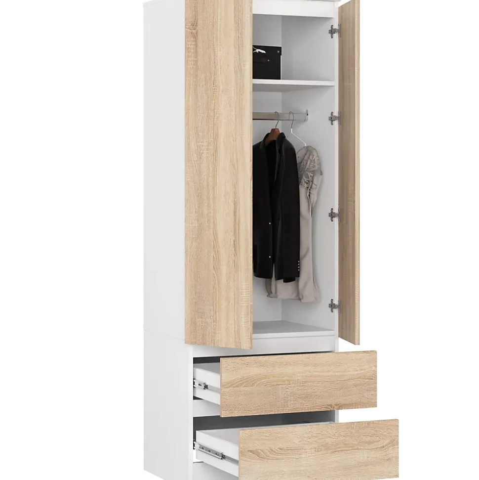 Armoire AKORD S60 Blanche 60 cm 2 portes 2 tiroirs façade Chêne Sonoma 1 étagère 60x51x180 cm