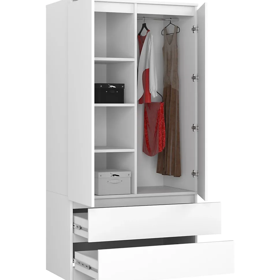 Armoire AKORD S90 Blanche 90 cm 2 portes 2 tiroirs façade Blanche 4 étagères 90x51x180 cm