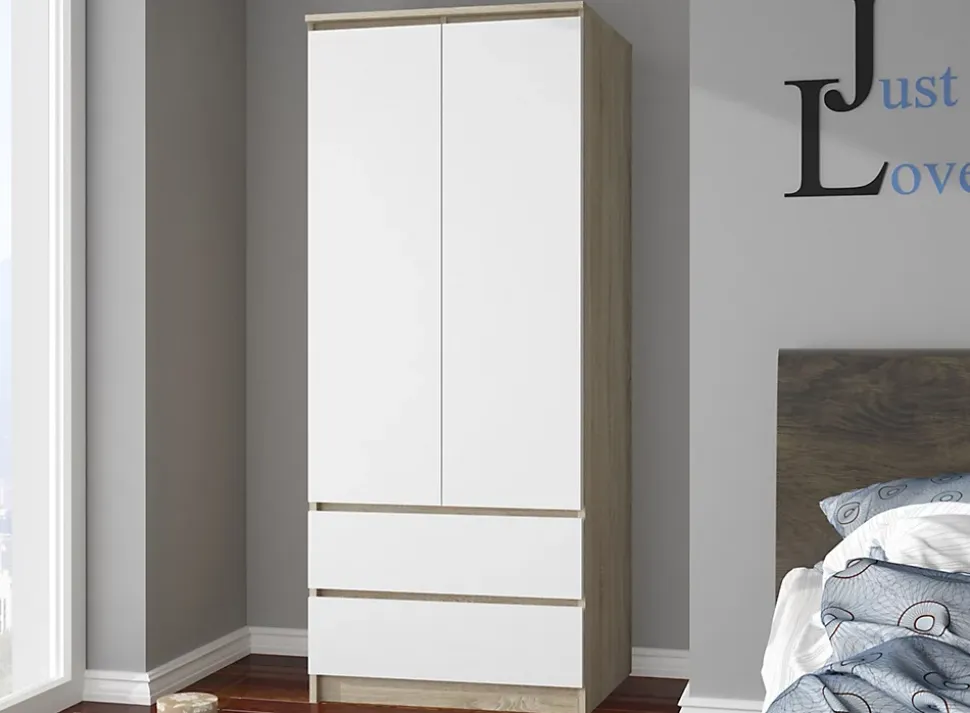 Armoire AKORD S90 Chêne Sonoma 90 cm 2 portes 2 tiroirs façade Blanche 4 étagères 90x51x180 cm