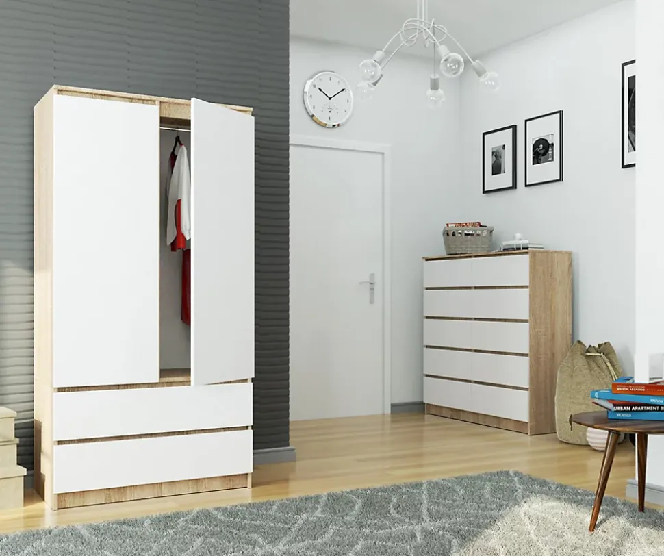 Armoire AKORD S90 Chêne Sonoma 90 cm 2 portes 2 tiroirs façade Blanche 4 étagères 90x51x180 cm