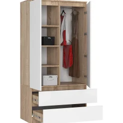 Armoire AKORD S90 Chêne Sonoma 90 cm 2 portes 2 tiroirs façade Blanche 4 étagères 90x51x180 cm
