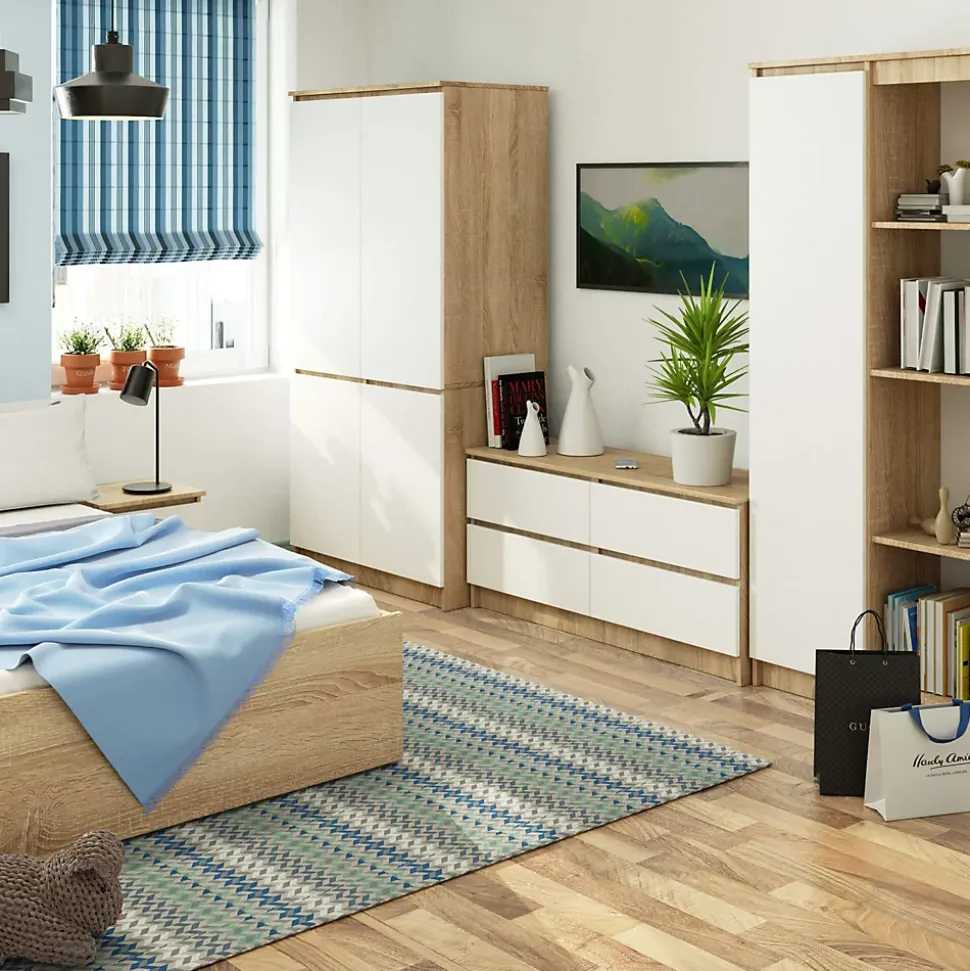 Armoire AKORD S90 Chêne Sonoma 90 cm 4 portes façade Blanche 4 étagères 90x51x180 cm