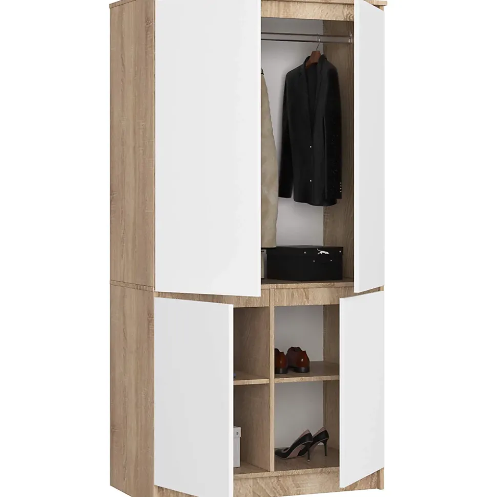 Armoire AKORD S90 Chêne Sonoma 90 cm 4 portes façade Blanche 4 étagères 90x51x180 cm