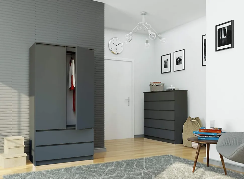 Armoire AKORD S90 Gris Graphite 90 cm 2 portes 2 tiroirs façade Gris Graphite 4 étagères 90x51x180 cm