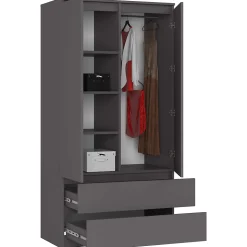 Armoire AKORD S90 Gris Graphite 90 cm 2 portes 2 tiroirs façade Gris Graphite 4 étagères 90x51x180 cm