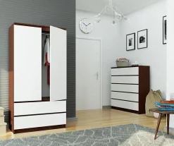 Armoire AKORD S90 Wengé 90 cm 2 portes 2 tiroirs façade Blanche 4 étagères 90x51x180 cm