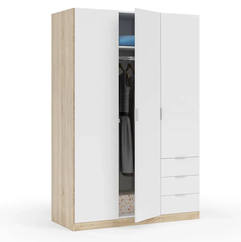 Armoire Allentown, Armoire de Chambre avec 3 Portes et 3 Tiroirs, Armoire avec Barre de Suspension, 121x52h180 cm, Blanc et Chêne