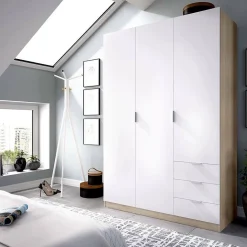 Armoire Allentown, Armoire de Chambre avec 3 Portes et 3 Tiroirs, Armoire avec Barre de Suspension, 121x52h180 cm, Blanc et Chêne