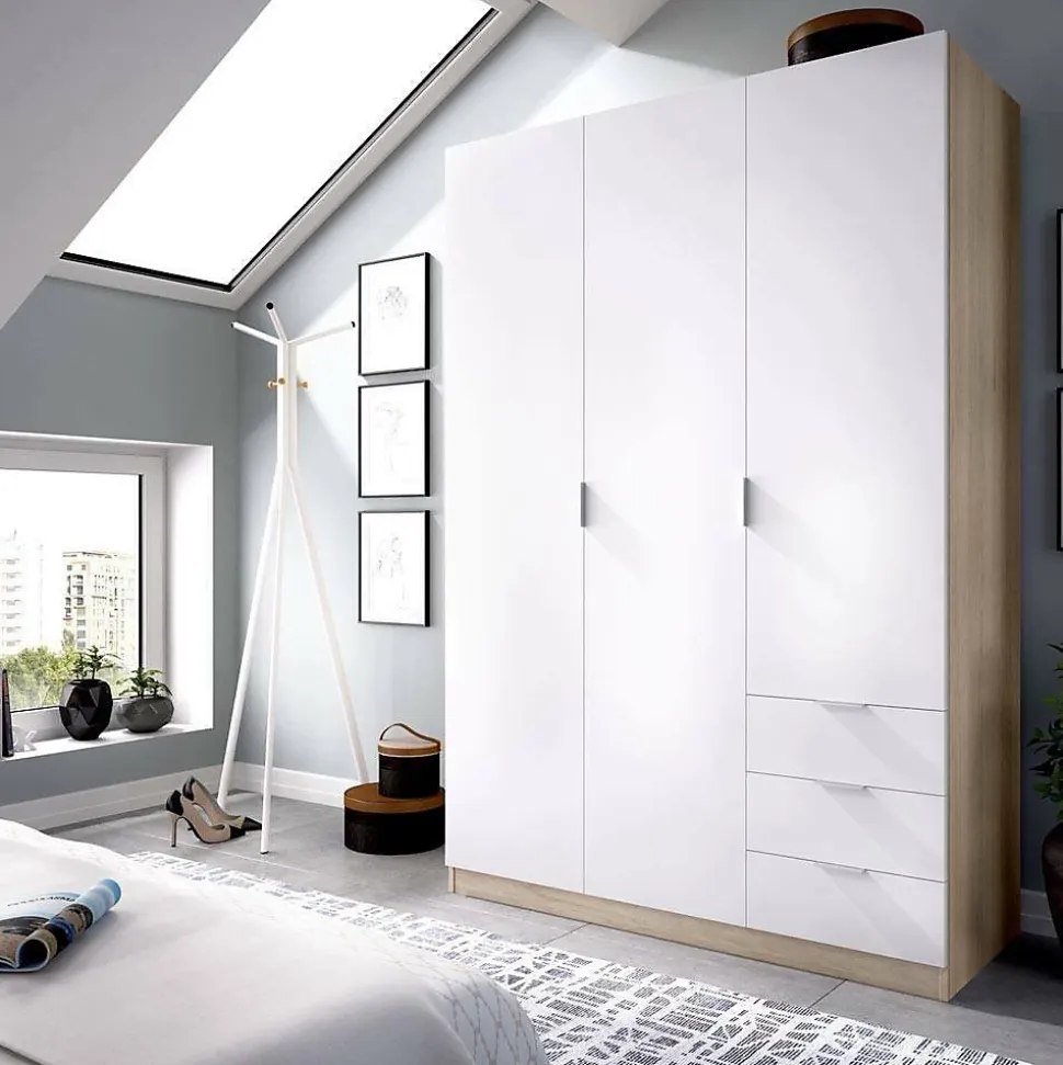 Armoire Allentown, Armoire de Chambre avec 3 Portes et 3 Tiroirs, Armoire avec Barre de Suspension, 121x52h180 cm, Blanc et Chêne